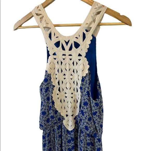 Blue Patterned Crochet Back Gathered Waist Long Dress M - Picture 3 of 10